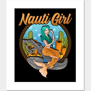 Cute Nauti Girl Mermaid Naughty Nautical Pun Posters and Art